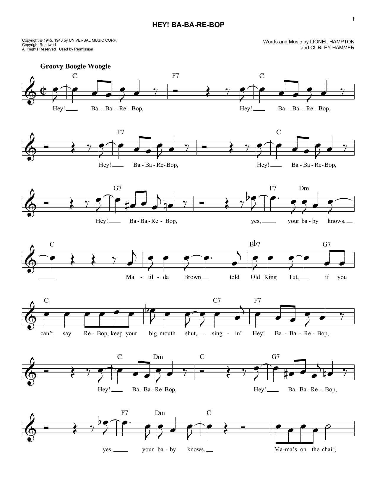 Download Curley Hammer Hey! Ba-Ba-Re-Bop Sheet Music and learn how to play Melody Line, Lyrics & Chords PDF digital score in minutes