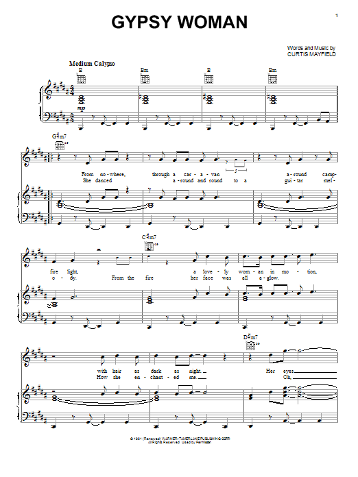 Download Curtis Mayfield Gypsy Woman Sheet Music and learn how to play Piano, Vocal & Guitar (Right-Hand Melody) PDF digital score in minutes