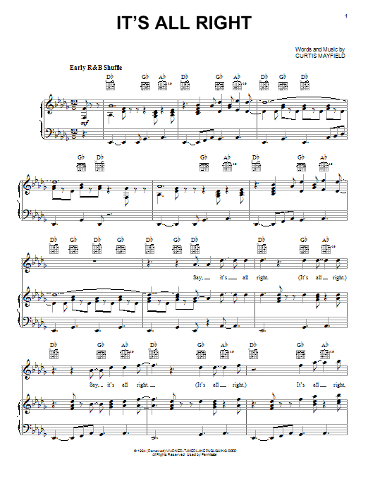 Download Curtis Mayfield It's All Right Sheet Music and learn how to play Piano, Vocal & Guitar (Right-Hand Melody) PDF digital score in minutes