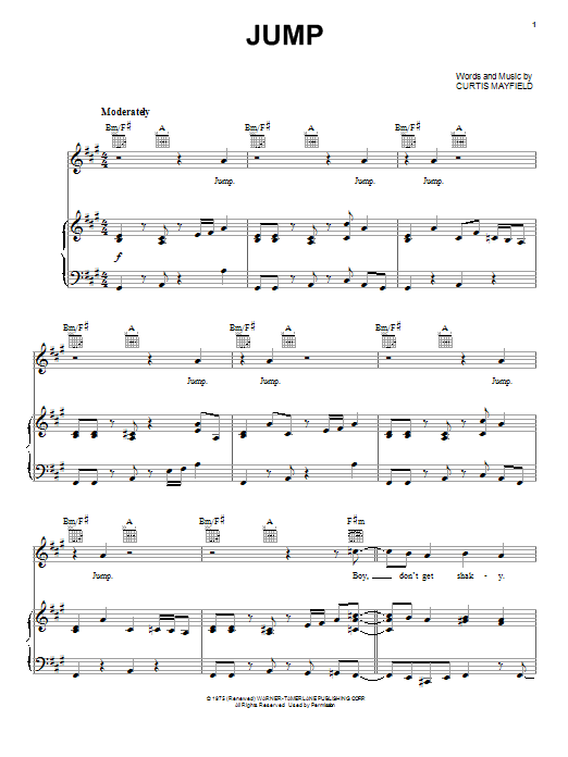 Download Curtis Mayfield Jump Sheet Music and learn how to play Piano, Vocal & Guitar (Right-Hand Melody) PDF digital score in minutes