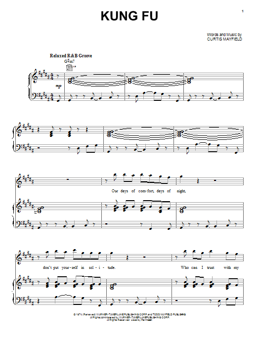 Download Curtis Mayfield Kung Fu Sheet Music and learn how to play Piano, Vocal & Guitar (Right-Hand Melody) PDF digital score in minutes