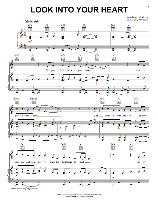 Download Curtis Mayfield Look Into Your Heart Sheet Music and learn how to play Piano, Vocal & Guitar (Right-Hand Melody) PDF digital score in minutes