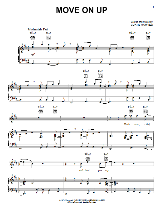 Download Curtis Mayfield Move On Up Sheet Music and learn how to play Piano, Vocal & Guitar (Right-Hand Melody) PDF digital score in minutes