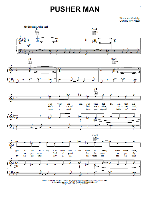 Download Curtis Mayfield Pusher Man Sheet Music and learn how to play Piano, Vocal & Guitar (Right-Hand Melody) PDF digital score in minutes