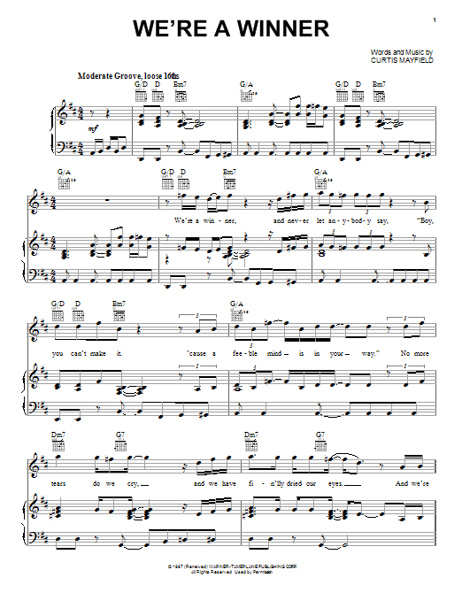 Download Curtis Mayfield We're A Winner Sheet Music and learn how to play Piano, Vocal & Guitar (Right-Hand Melody) PDF digital score in minutes