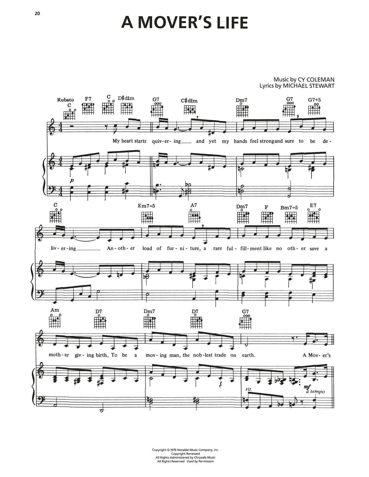 Download Cy Coleman A Mover's Life (from I Love My Wife) Sheet Music and learn how to play Piano, Vocal & Guitar Chords (Right-Hand Melody) PDF digital score in minutes