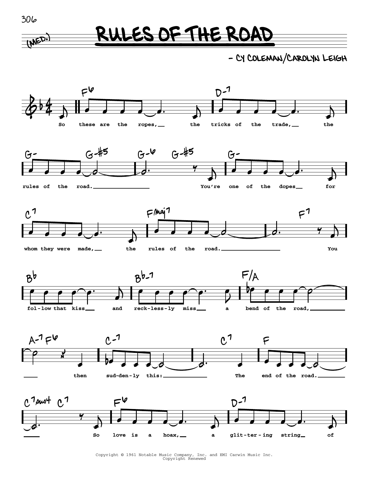 Download Cy Coleman and Carolyn Leigh Rules Of The Road (High Voice) Sheet Music and learn how to play Real Book – Melody, Lyrics & Chords PDF digital score in minutes