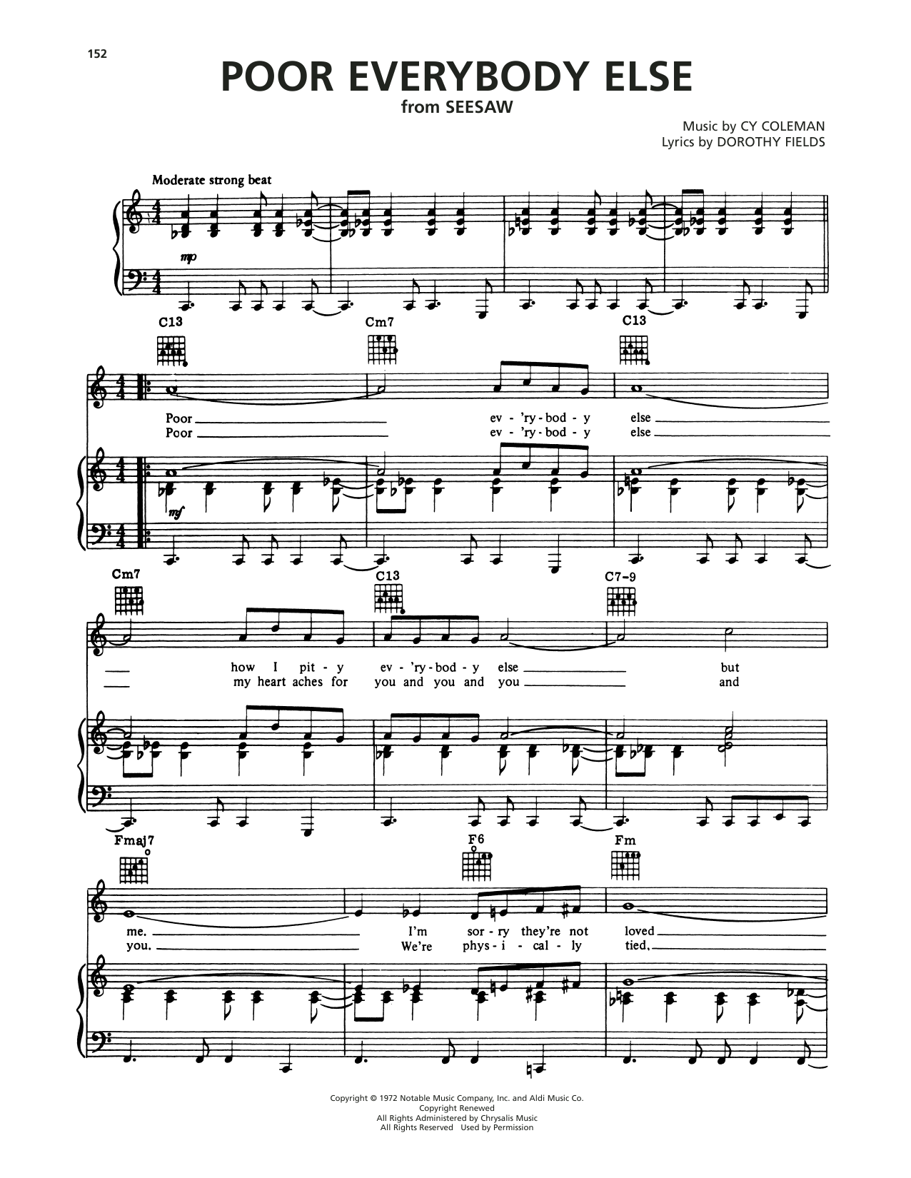 Download Cy Coleman and Dorothy Fields Poor Everybody Else (from Seesaw) Sheet Music and learn how to play Piano, Vocal & Guitar Chords (Right-Hand Melody) PDF digital score in minutes