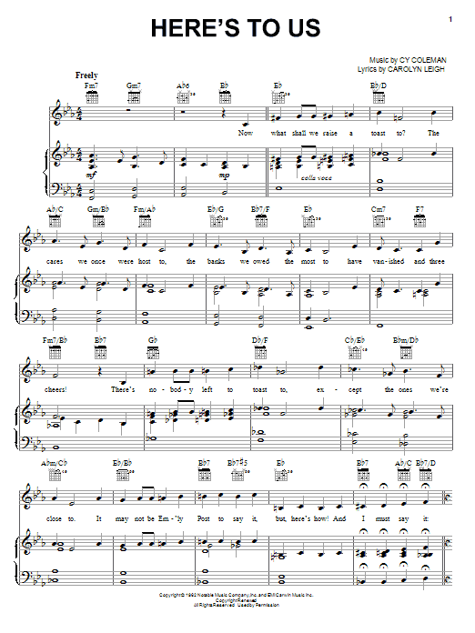 Download Cy Coleman Here's To Us Sheet Music and learn how to play Piano, Vocal & Guitar (Right-Hand Melody) PDF digital score in minutes