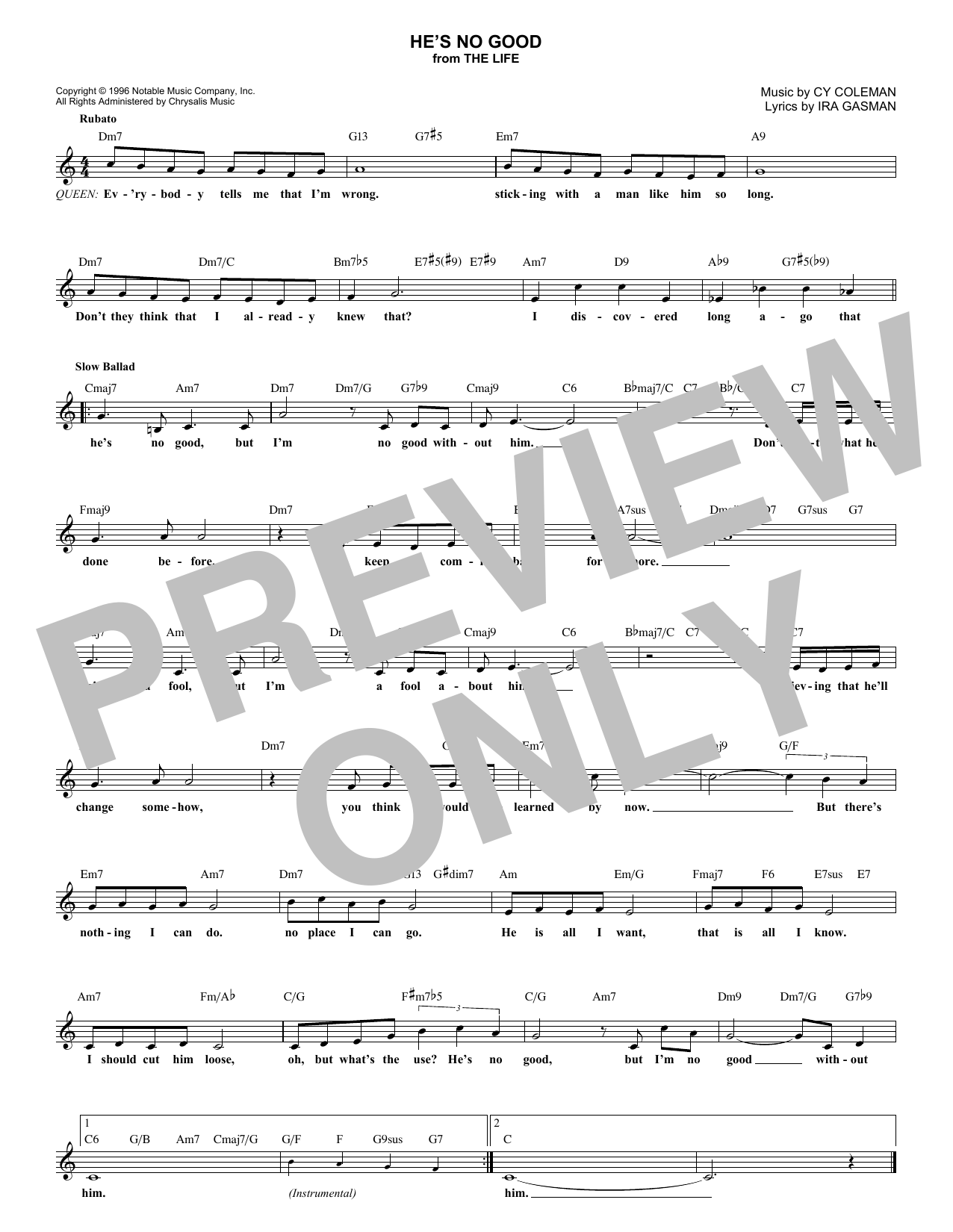 Download Cy Coleman He's No Good Sheet Music and learn how to play Melody Line, Lyrics & Chords PDF digital score in minutes