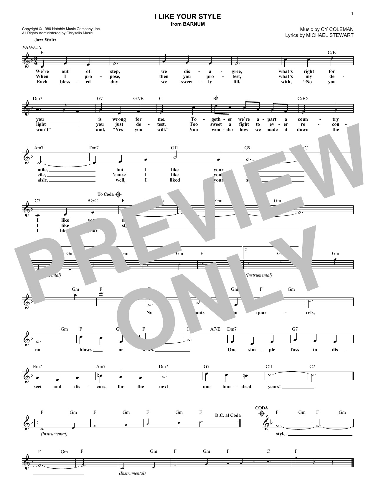 Download Cy Coleman I Like Your Style Sheet Music and learn how to play Melody Line, Lyrics & Chords PDF digital score in minutes