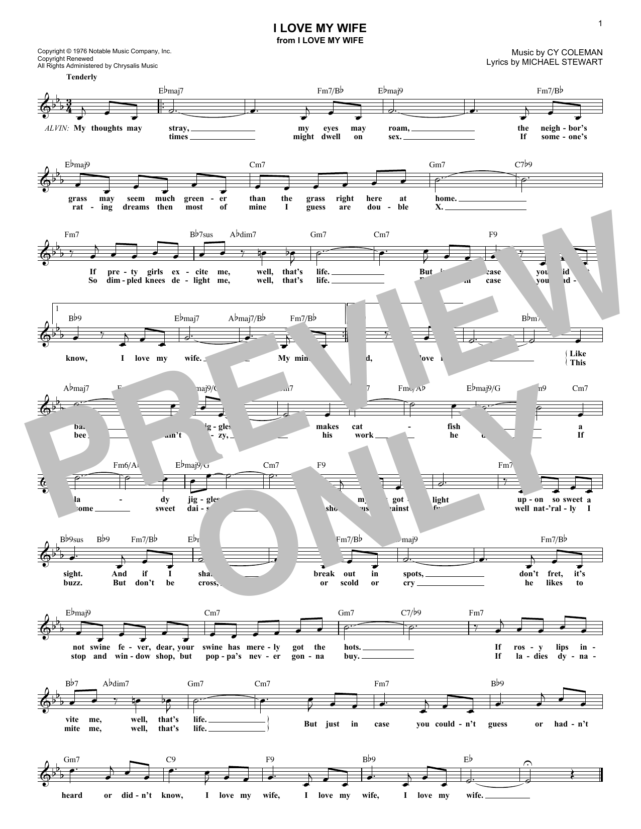 Download Cy Coleman I Love My Wife Sheet Music and learn how to play Melody Line, Lyrics & Chords PDF digital score in minutes