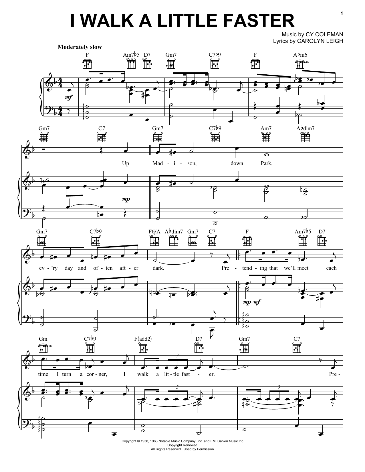 Download Cy Coleman I Walk A Little Faster Sheet Music and learn how to play Piano, Vocal & Guitar (Right-Hand Melody) PDF digital score in minutes