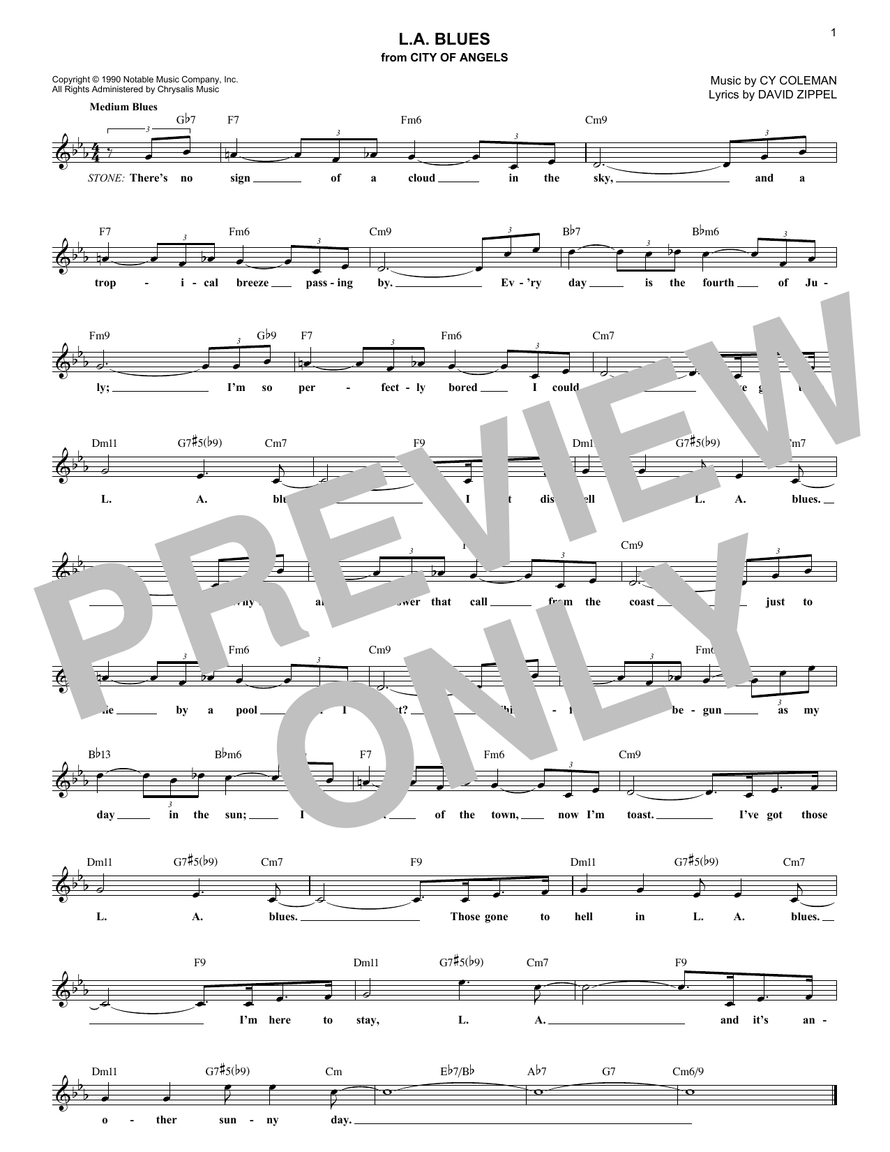 Download Cy Coleman L.A. Blues Sheet Music and learn how to play Melody Line, Lyrics & Chords PDF digital score in minutes