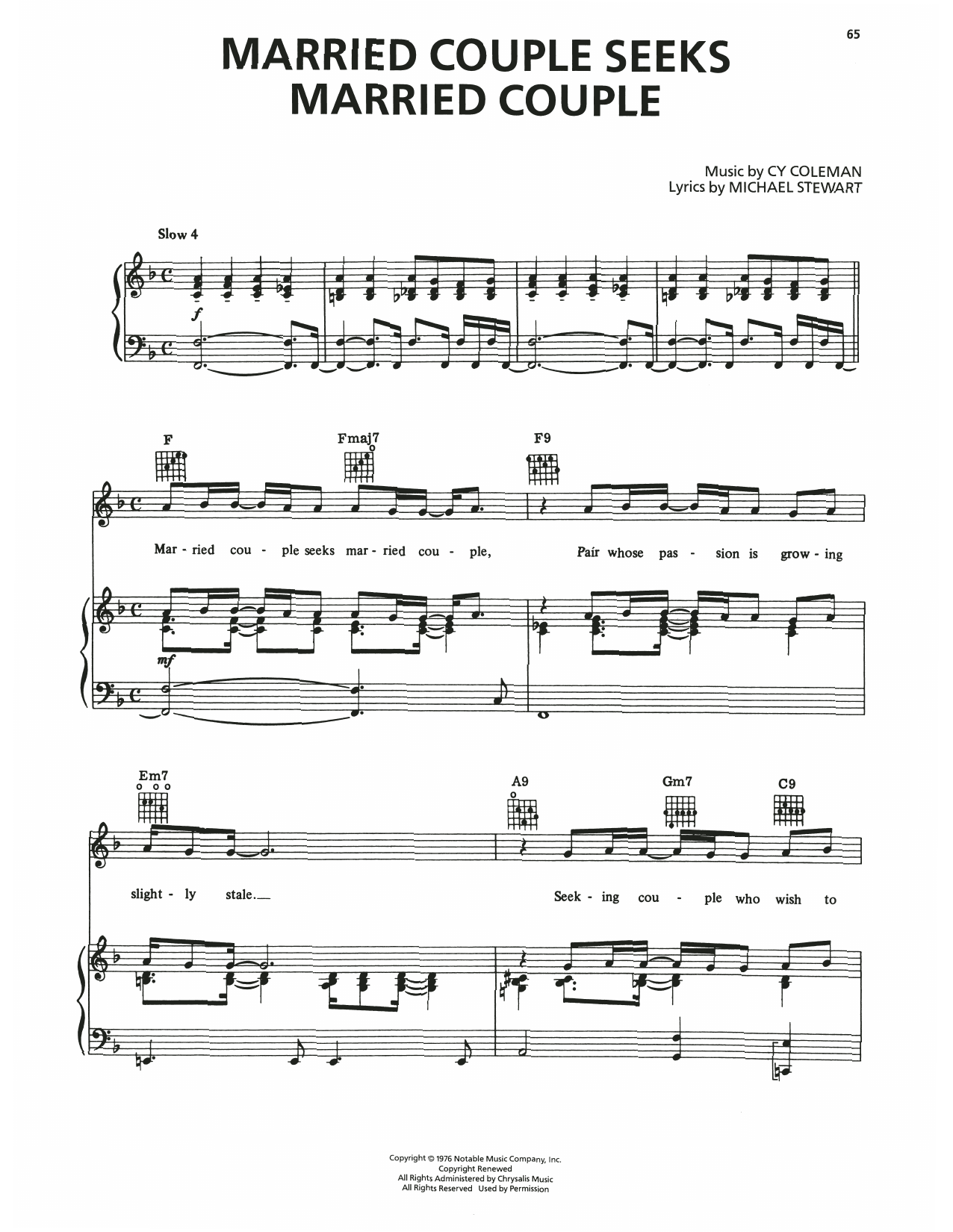 Download Cy Coleman Married Couple Seeks Married Couple (from I Love My Wife) Sheet Music and learn how to play Piano, Vocal & Guitar Chords (Right-Hand Melody) PDF digital score in minutes