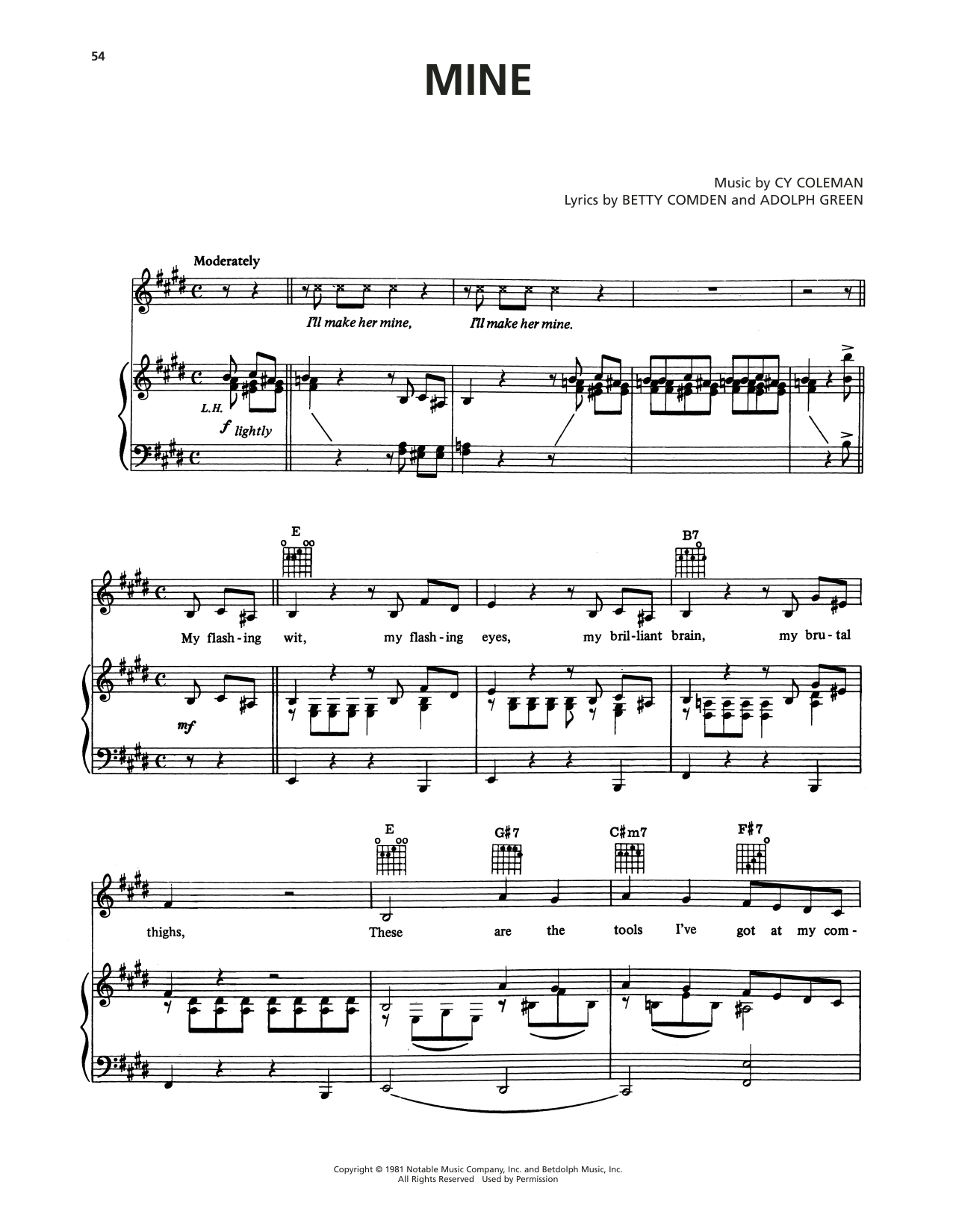 Download Cy Coleman Mine (from On The Twentieth Century) Sheet Music and learn how to play Piano, Vocal & Guitar Chords (Right-Hand Melody) PDF digital score in minutes