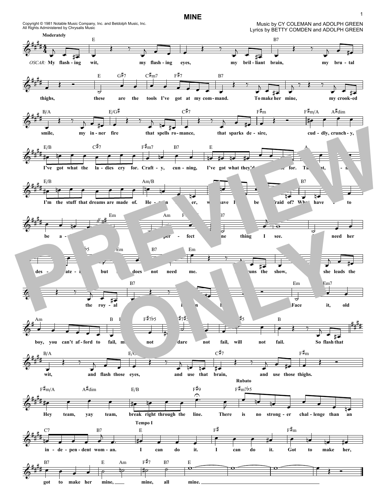 Download Cy Coleman Mine Sheet Music and learn how to play Melody Line, Lyrics & Chords PDF digital score in minutes