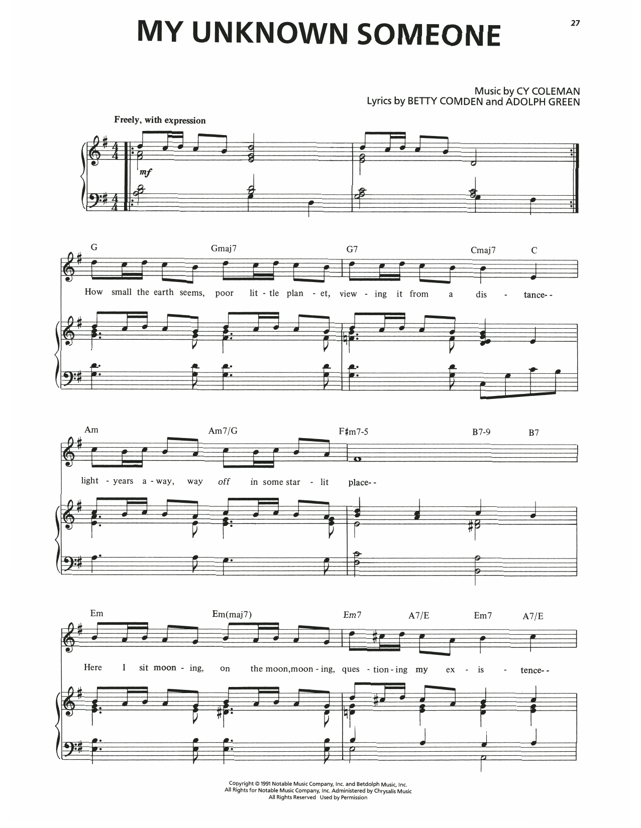 Download Cy Coleman My Unknown Someone (from The Will Rogers Follies) Sheet Music and learn how to play Piano & Vocal PDF digital score in minutes