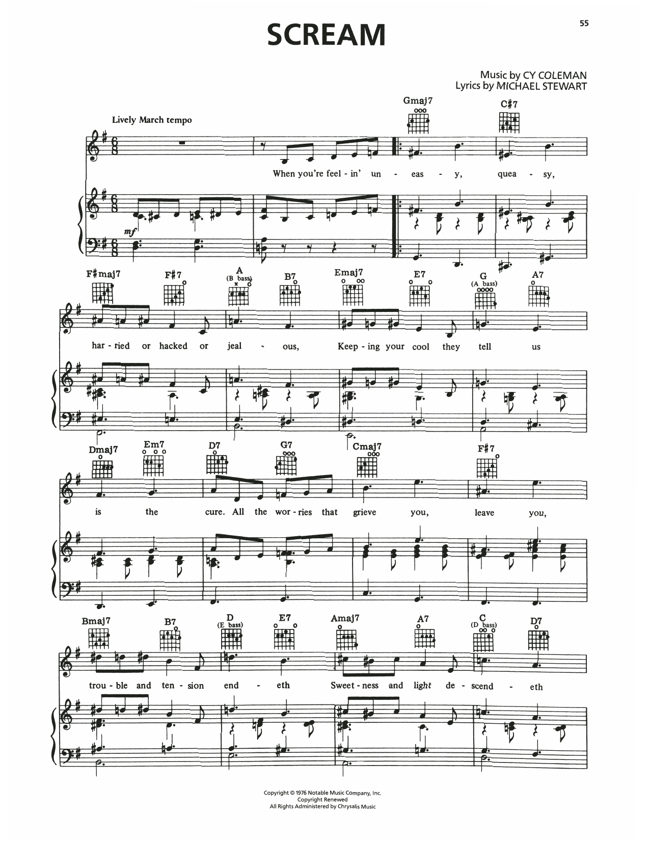 Download Cy Coleman Scream (from I Love My Wife) Sheet Music and learn how to play Piano, Vocal & Guitar Chords (Right-Hand Melody) PDF digital score in minutes