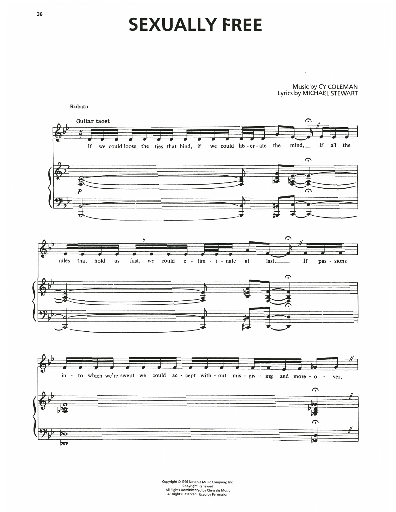 Download Cy Coleman Sexually Free (from I Love My Wife) Sheet Music and learn how to play Piano, Vocal & Guitar Chords (Right-Hand Melody) PDF digital score in minutes