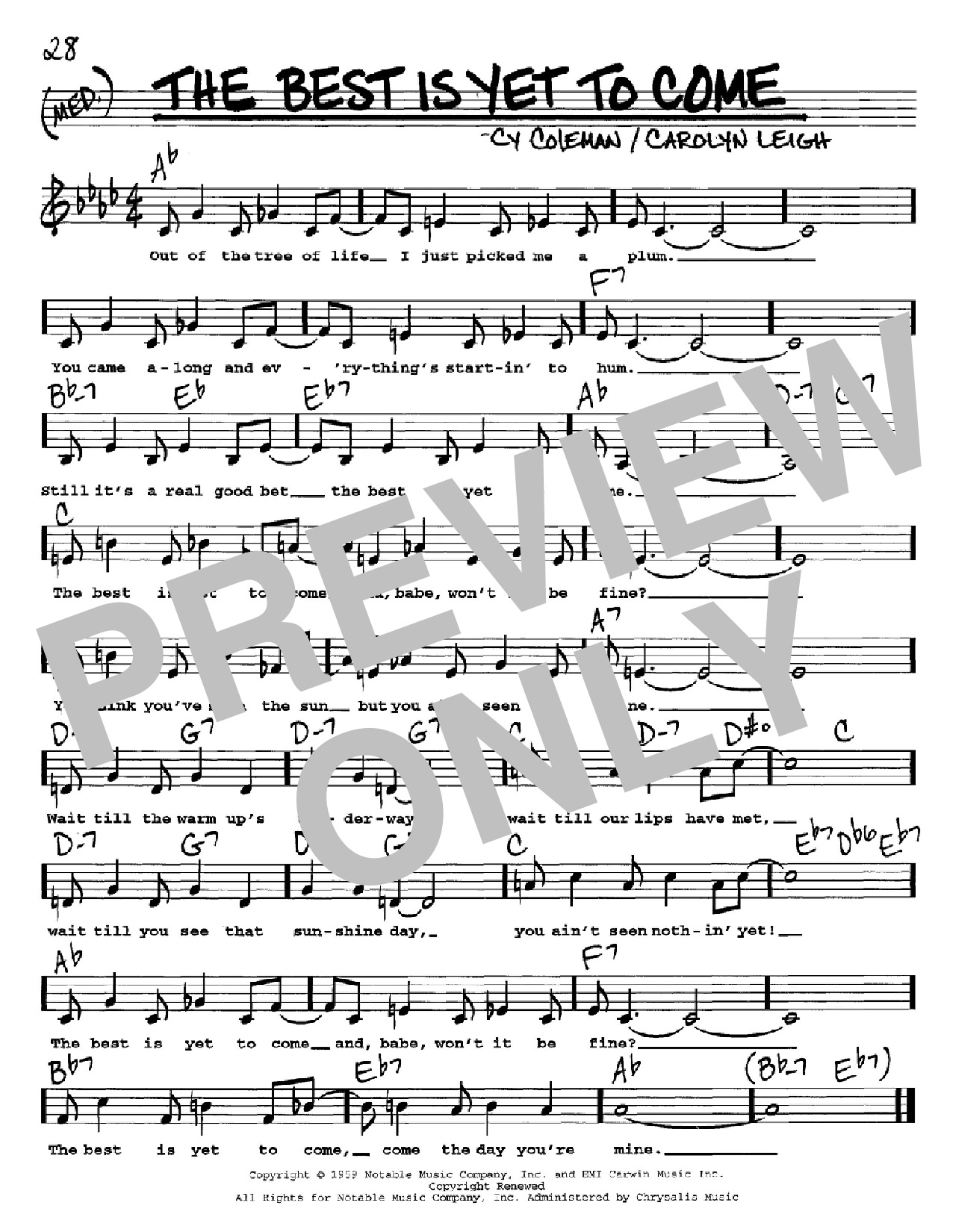 Download Cy Coleman The Best Is Yet To Come Sheet Music and learn how to play Real Book - Melody, Lyrics & Chords - C Instruments PDF digital score in minutes