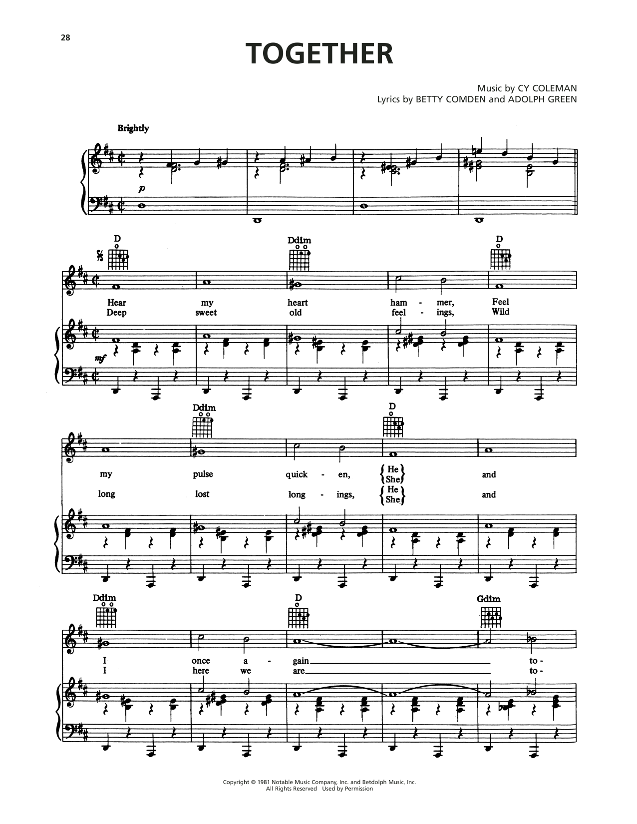 Download Cy Coleman Together (from On The Twentieth Century) Sheet Music and learn how to play Piano, Vocal & Guitar Chords (Right-Hand Melody) PDF digital score in minutes