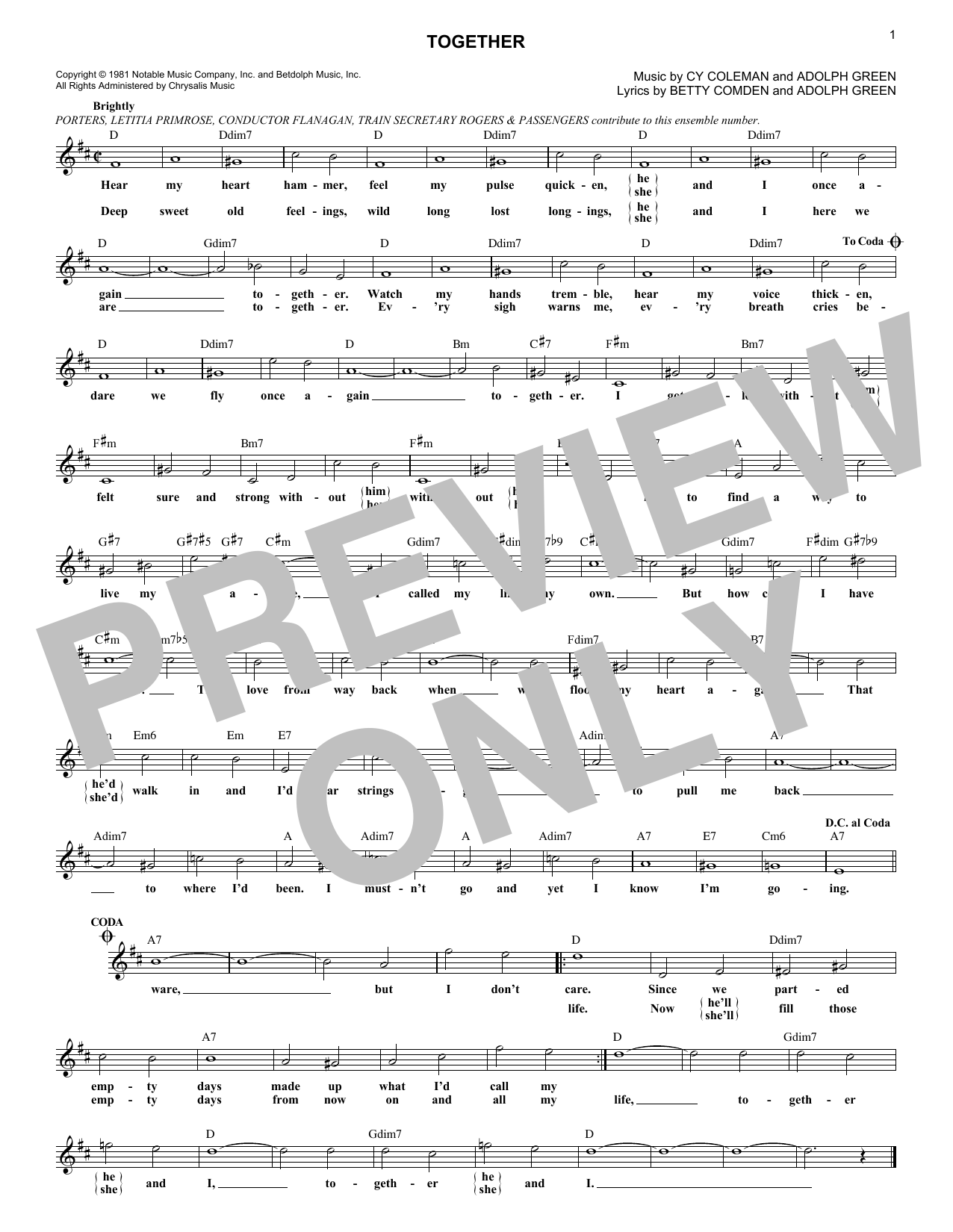 Download Cy Coleman Together Sheet Music and learn how to play Melody Line, Lyrics & Chords PDF digital score in minutes