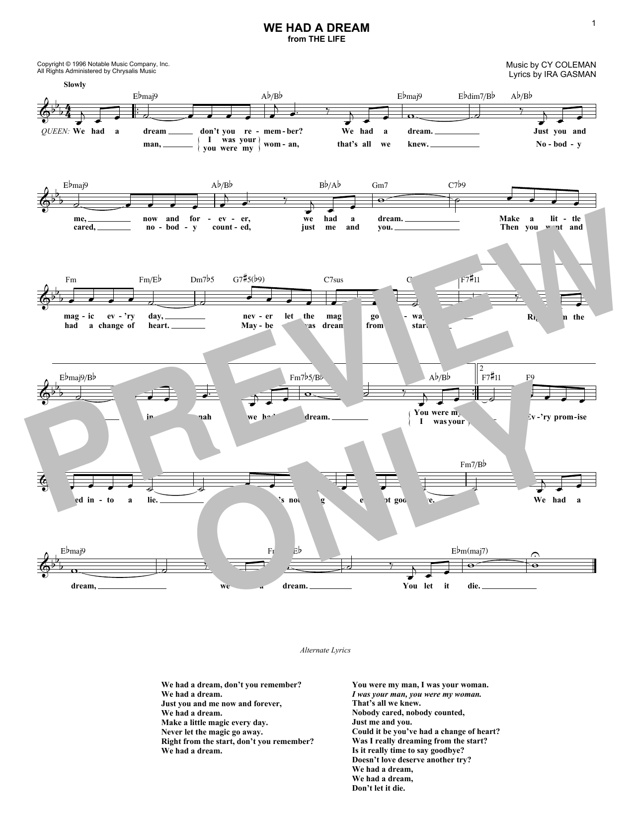 Download Cy Coleman We Had A Dream Sheet Music and learn how to play Melody Line, Lyrics & Chords PDF digital score in minutes