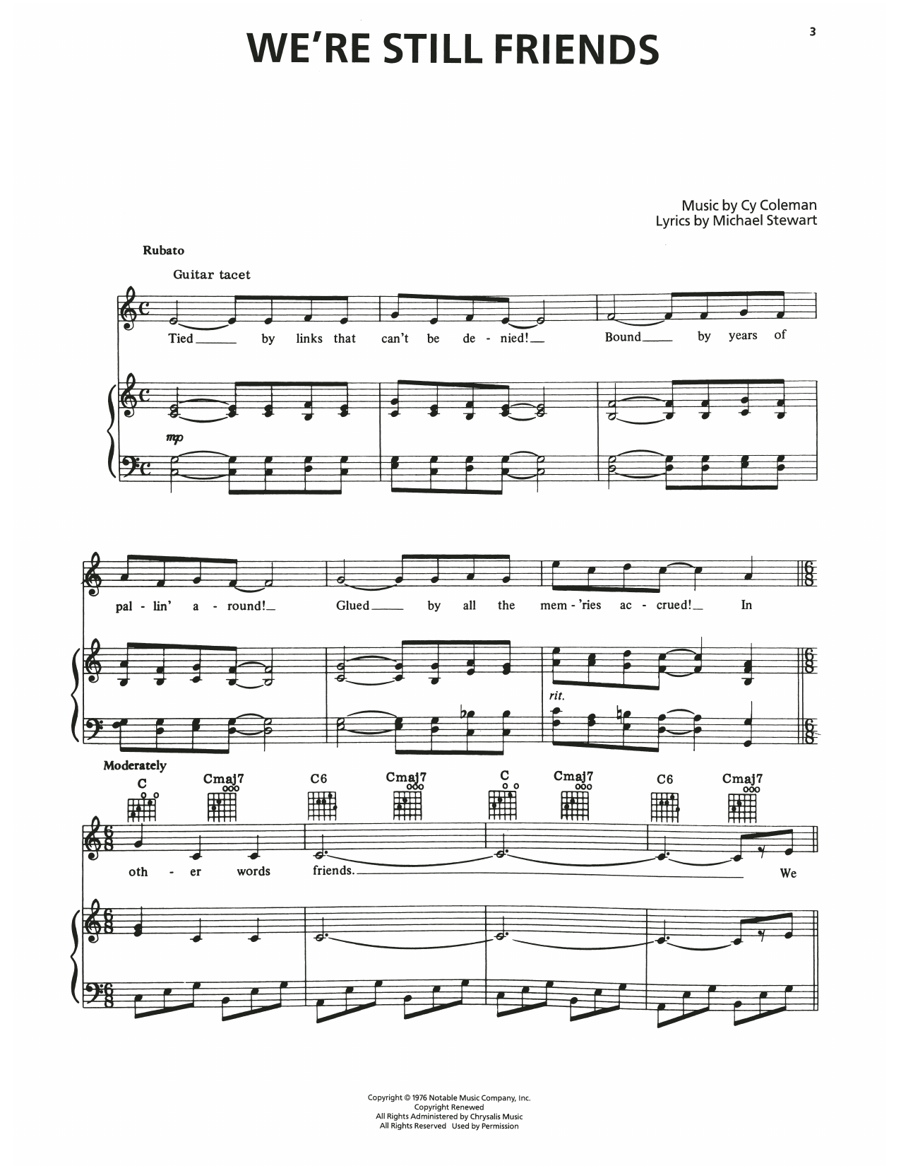Download Cy Coleman We're Still Friends (from I Love My Wife) Sheet Music and learn how to play Piano, Vocal & Guitar Chords (Right-Hand Melody) PDF digital score in minutes