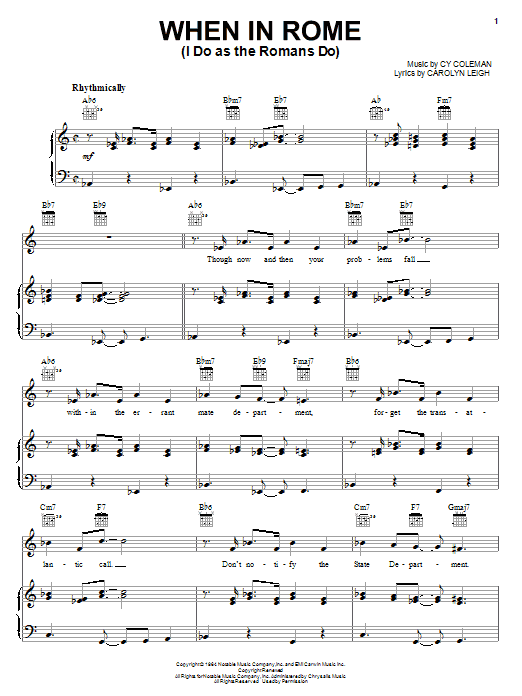 Download Cy Coleman When In Rome (I Do As The Romans Do) Sheet Music and learn how to play Piano, Vocal & Guitar (Right-Hand Melody) PDF digital score in minutes