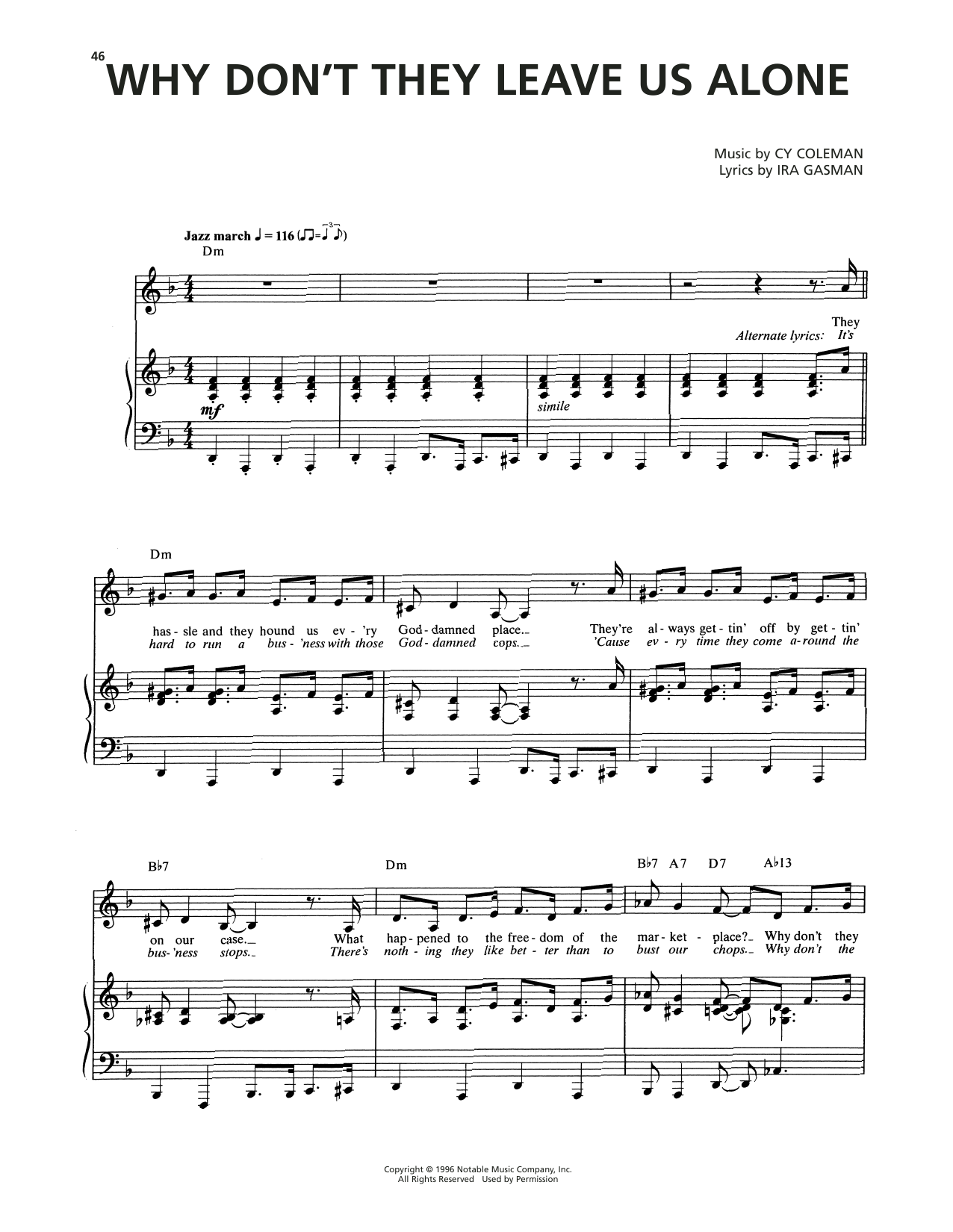 Download Cy Coleman Why Don't They Leave Us Alone (from The Life) Sheet Music and learn how to play Piano & Vocal PDF digital score in minutes