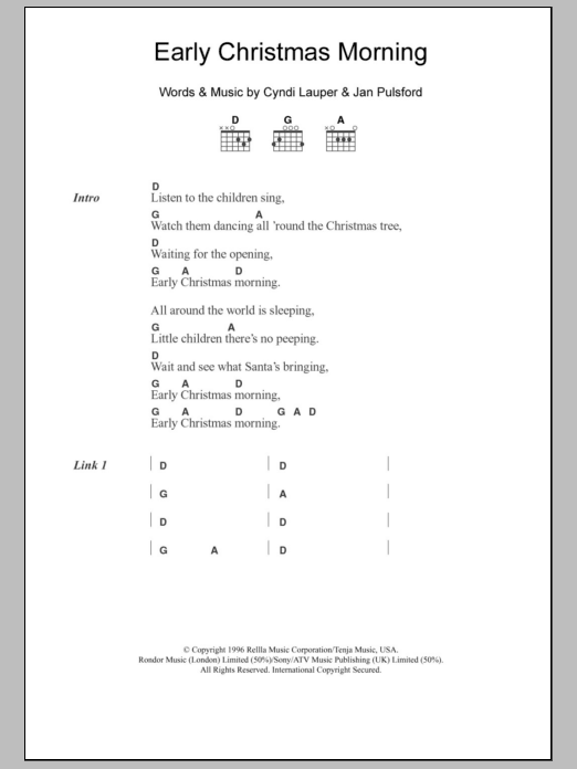 Download Cyndi Lauper Early Christmas Morning Sheet Music and learn how to play Lyrics & Chords PDF digital score in minutes