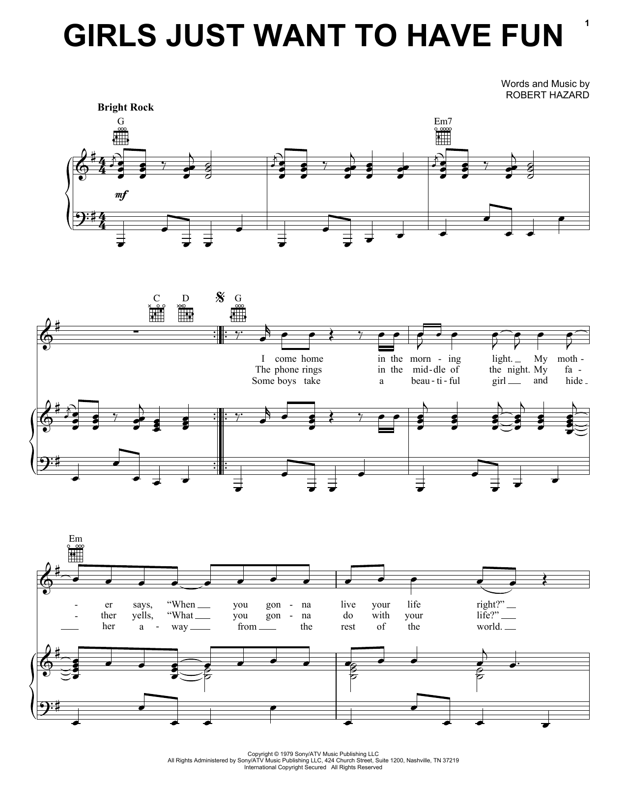 Download Cyndi Lauper Girls Just Want To Have Fun Sheet Music and learn how to play Piano, Vocal & Guitar (Right-Hand Melody) PDF digital score in minutes