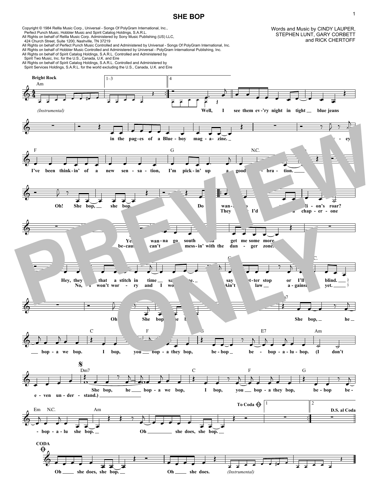 Download Cyndi Lauper She Bop Sheet Music and learn how to play Melody Line, Lyrics & Chords PDF digital score in minutes