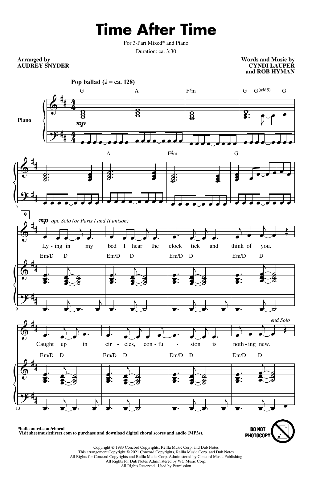 Download Cyndi Lauper Time After Time (arr. Audrey Snyder) Sheet Music and learn how to play 3-Part Mixed Choir PDF digital score in minutes