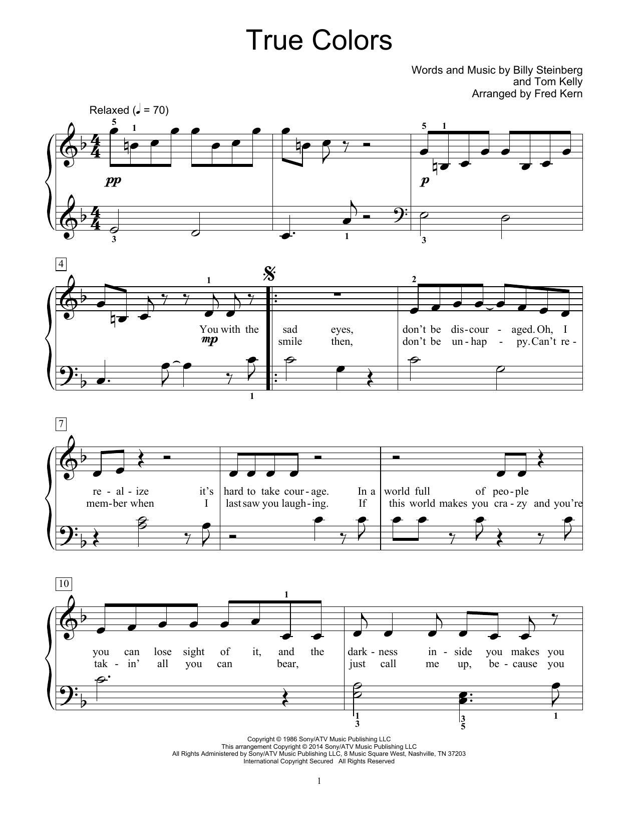 Download Cyndi Lauper True Colors Sheet Music and learn how to play Easy Piano PDF digital score in minutes