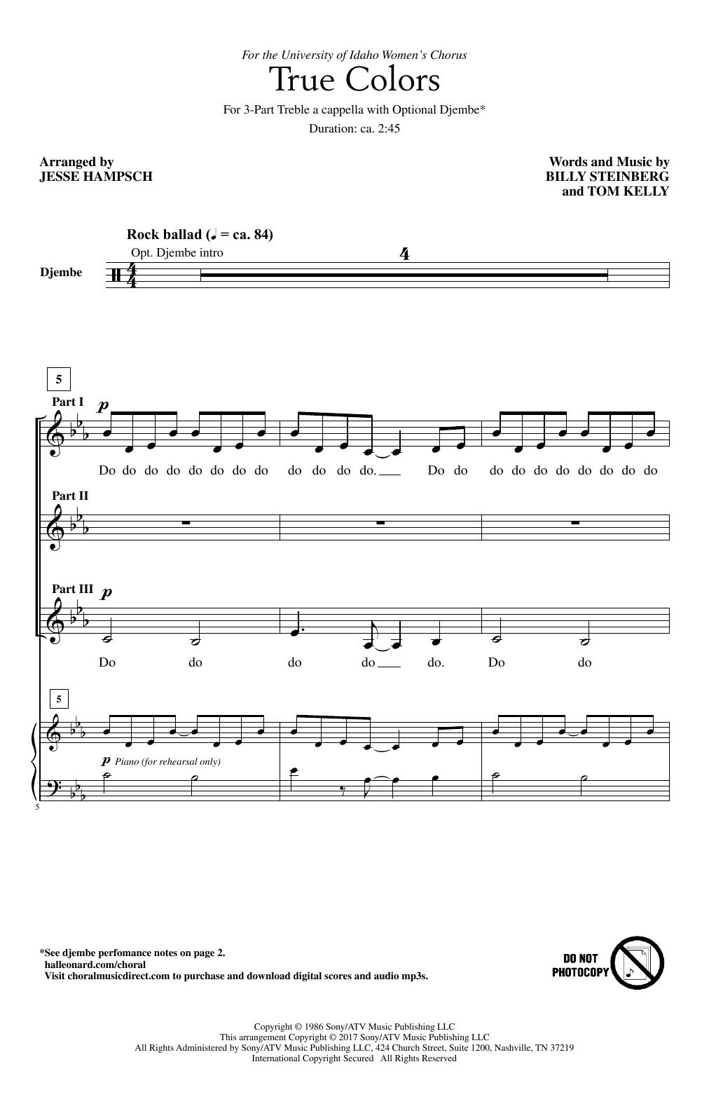 Download Jesse Hampsch True Colors Sheet Music and learn how to play 3-Part Treble PDF digital score in minutes