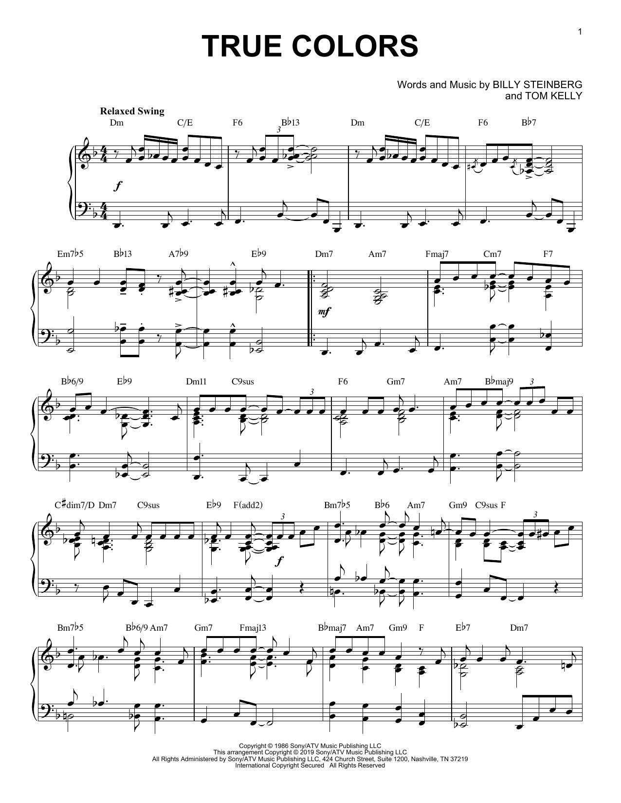 Download Cyndi Lauper True Colors [Jazz version] Sheet Music and learn how to play Piano Solo PDF digital score in minutes