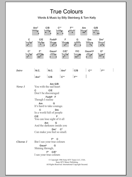Download Cyndi Lauper True Colours Sheet Music and learn how to play Lyrics & Chords PDF digital score in minutes