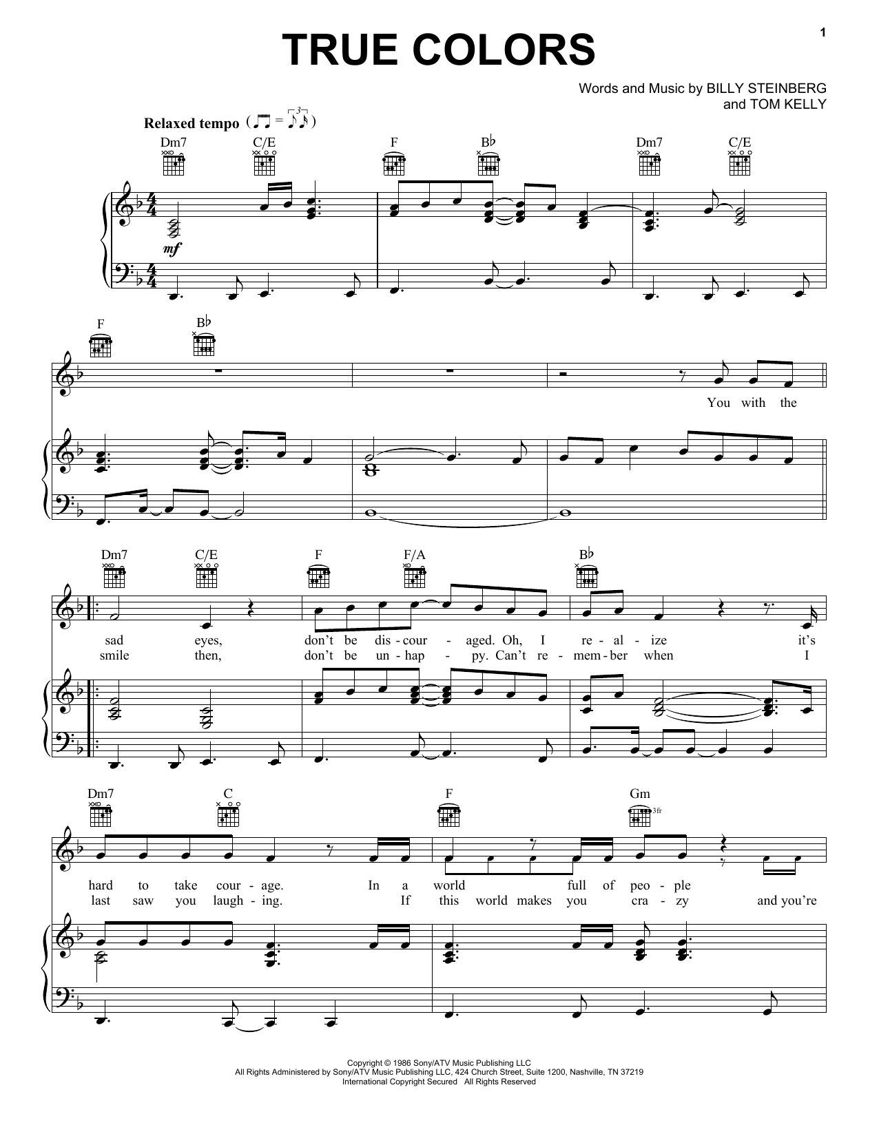 Cyndi Lauper True Colors Sheet Music Notes Download Printable PDF 