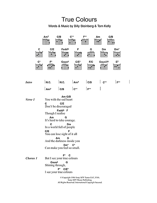 Download Cyndi Lauper True Colours Sheet Music and learn how to play Lyrics & Chords PDF digital score in minutes