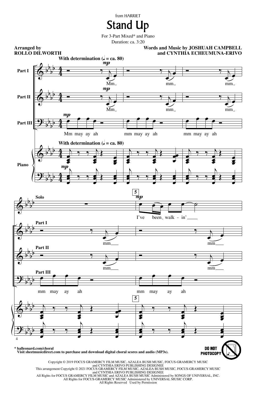 Download Cynthia Erivo Stand Up (from Harriet) (arr. Rollo Dilworth) Sheet Music and learn how to play 3-Part Mixed Choir PDF digital score in minutes