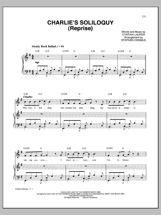 Download Cyndi Lauper Charlie's Soliloquy (Reprise) Sheet Music and learn how to play Piano & Vocal PDF digital score in minutes
