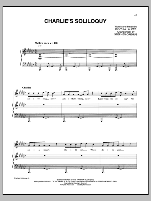 Download Cyndi Lauper Charlie's Soliloquy Sheet Music and learn how to play Piano & Vocal PDF digital score in minutes