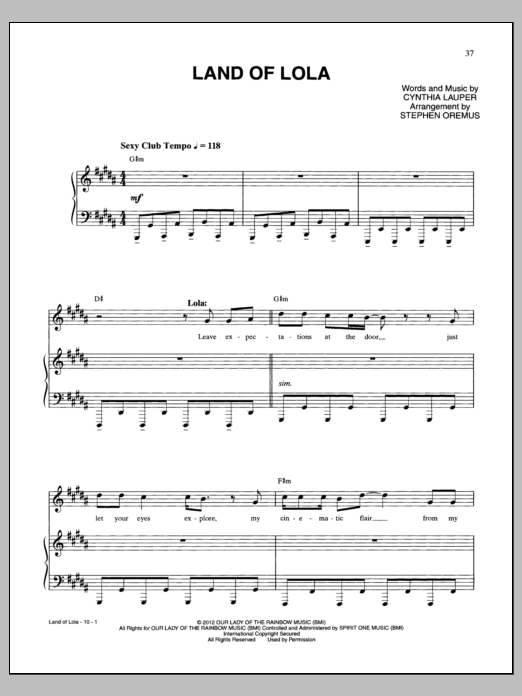 Download Cyndi Lauper Land Of Lola Sheet Music and learn how to play Piano & Vocal PDF digital score in minutes