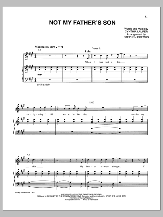 Download Cyndi Lauper Not My Father's Son Sheet Music and learn how to play Piano & Vocal PDF digital score in minutes