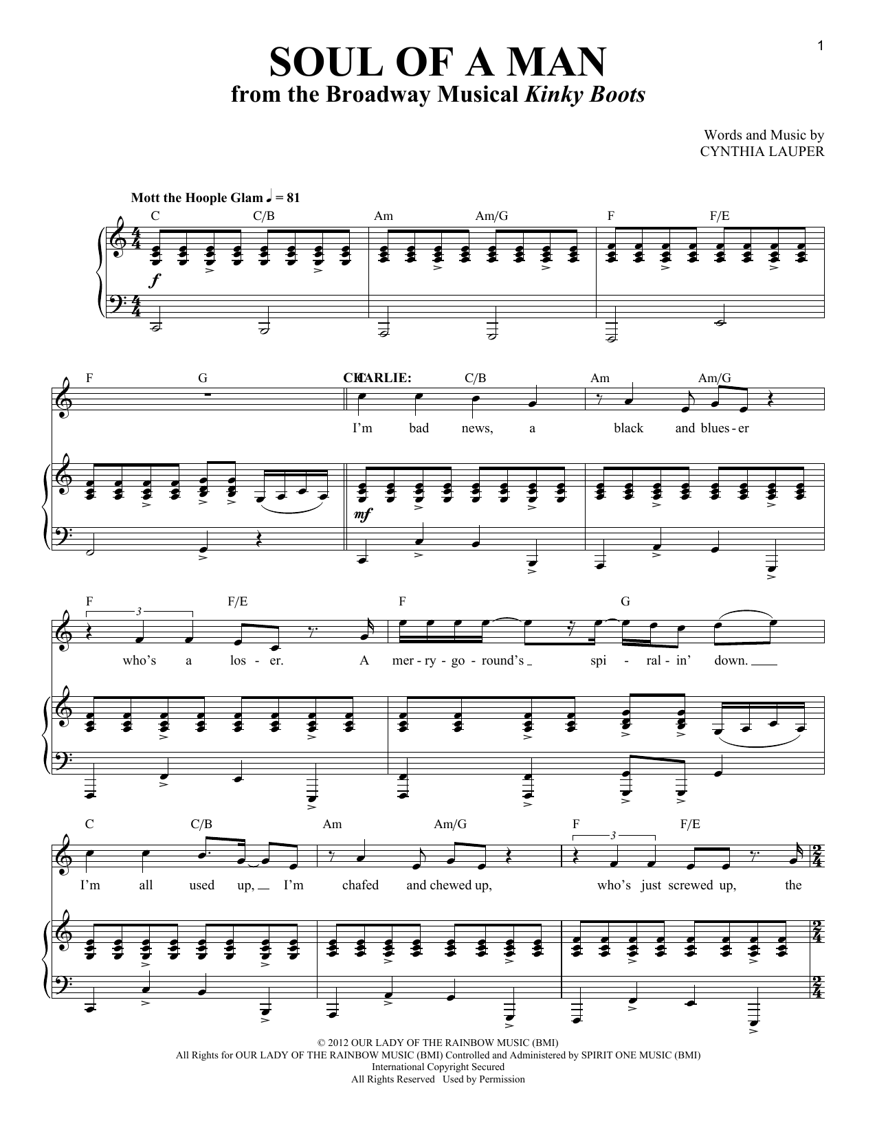Download Cynthia Lauper Soul Of A Man Sheet Music and learn how to play Piano, Vocal & Guitar (Right-Hand Melody) PDF digital score in minutes