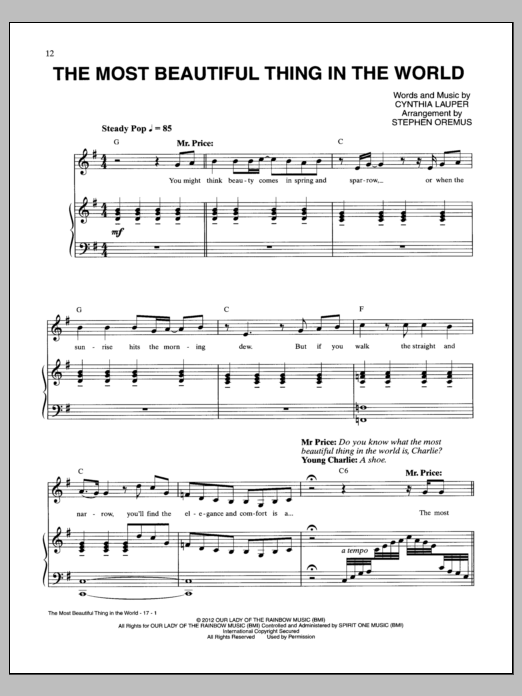 Download Cyndi Lauper The Most Beautiful Thing In The World Sheet Music and learn how to play Piano & Vocal PDF digital score in minutes