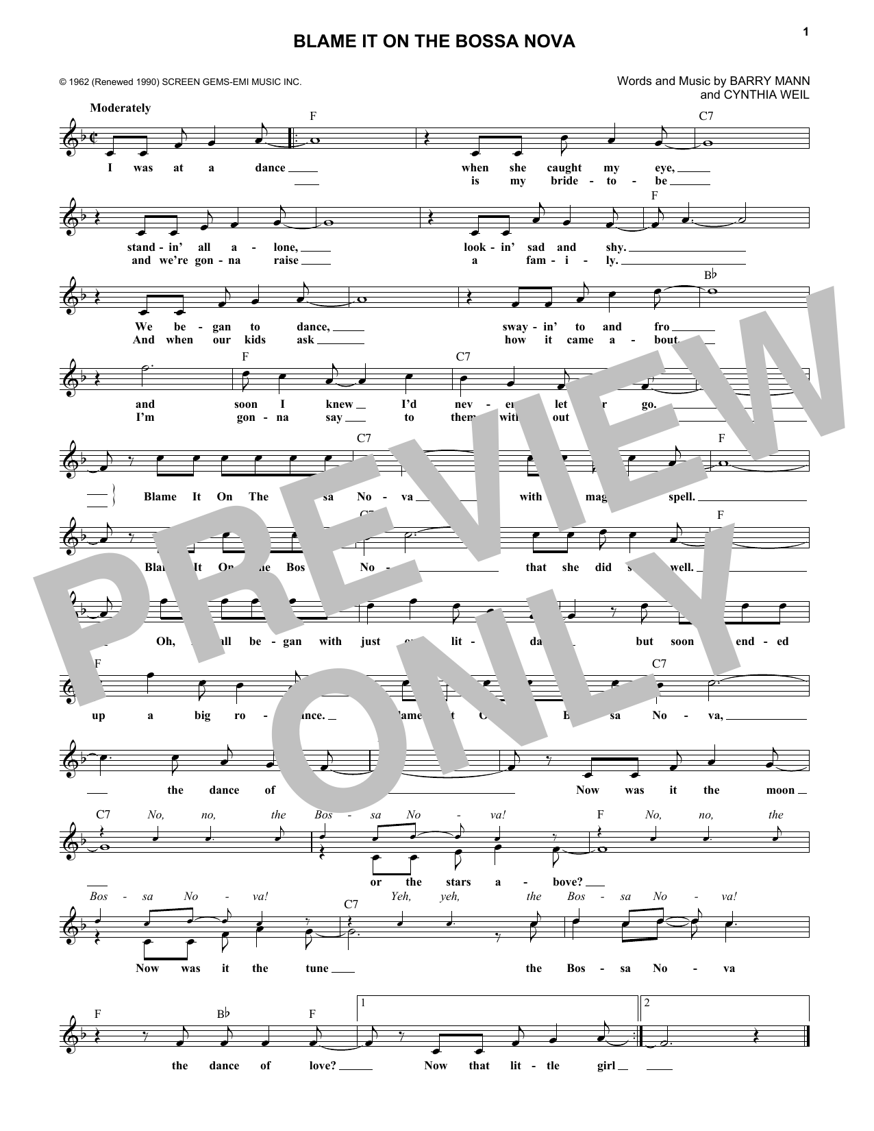 Download Cynthia Weil Blame It On The Bossa Nova Sheet Music and learn how to play Melody Line, Lyrics & Chords PDF digital score in minutes