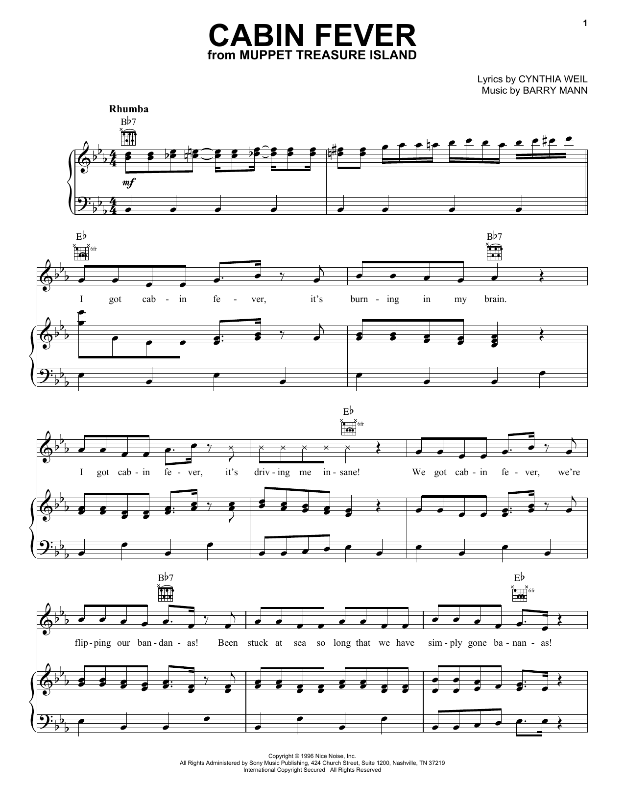 Download Cynthia Weil Cabin Fever (from Muppet Treasure Island) Sheet Music and learn how to play Piano, Vocal & Guitar Chords (Right-Hand Melody) PDF digital score in minutes